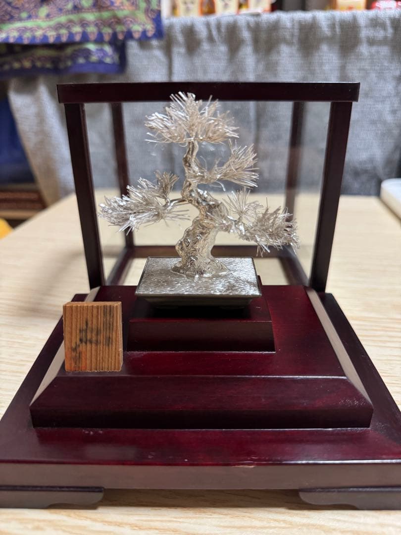 純銀製 松 銀製盆栽 置物 木製台座付き ガラスケース付き