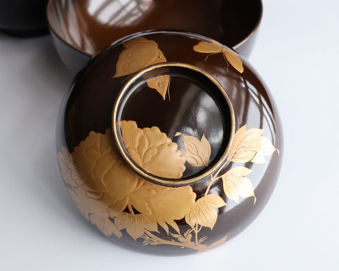 【CM415】訳あり 時代輪島 蝶と牡丹 黒塗椀 三客 天然木漆塗 明治大正