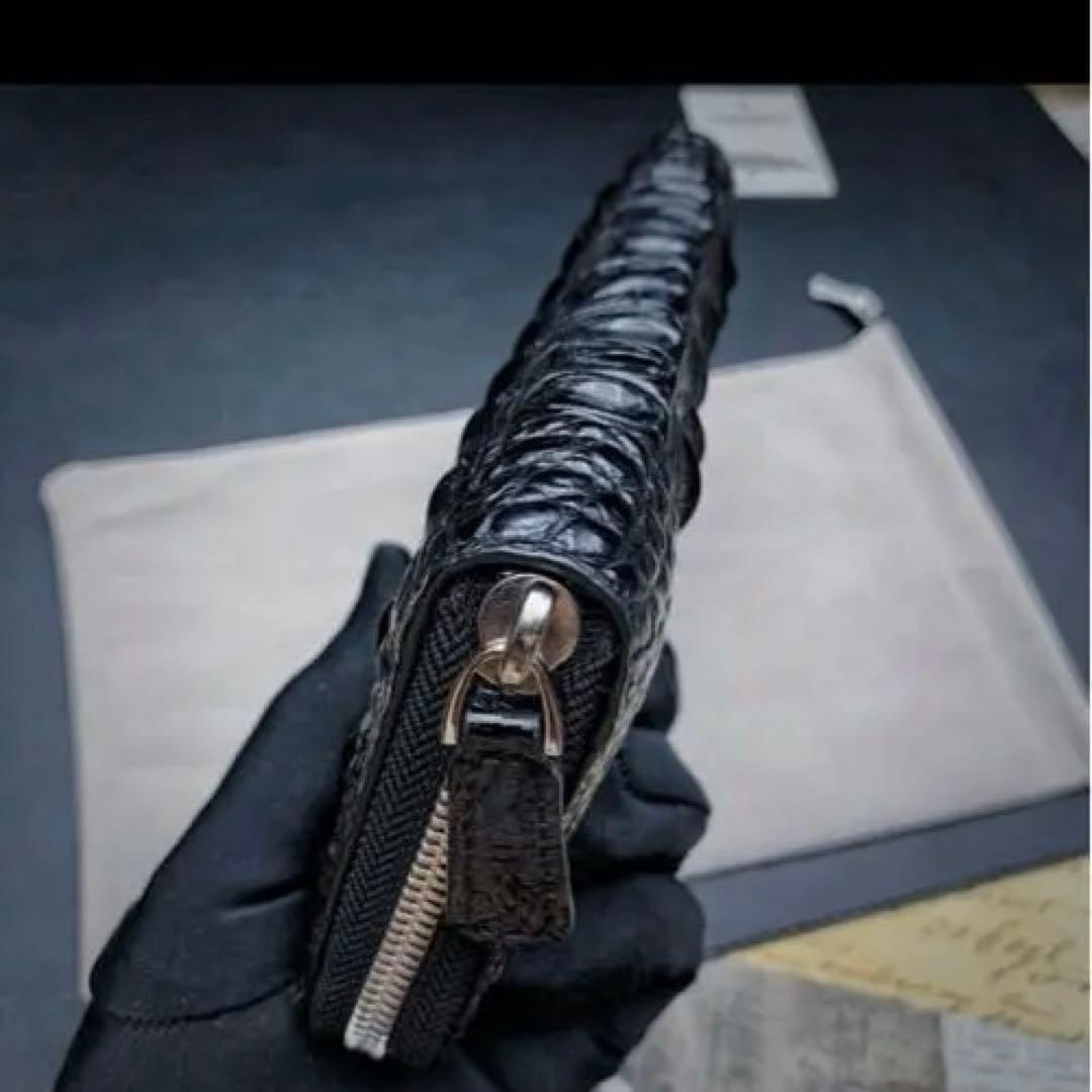 新品 クロコダイル ラウンドファスナー メンズ 長財布 背中革 綺麗黒 財布