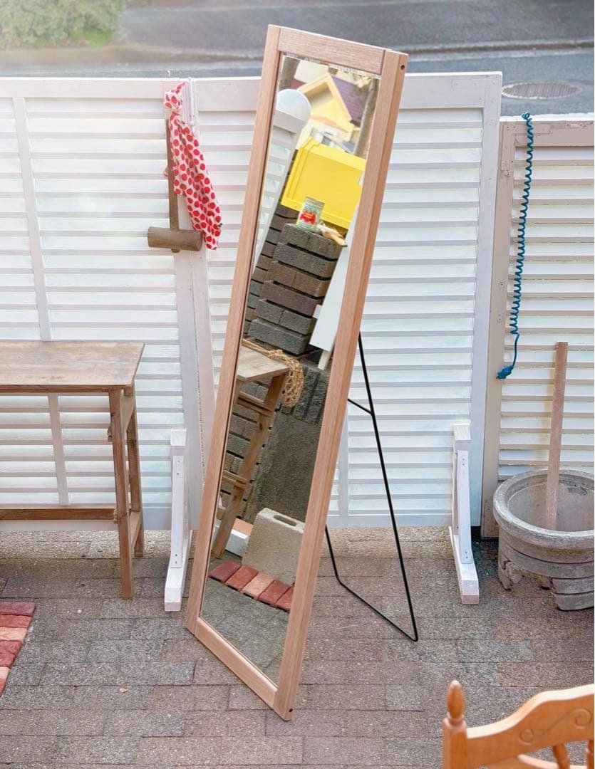 古道具　鏡　高級　チーク無垢材　アンティーク　レトロ　スタンドミラー