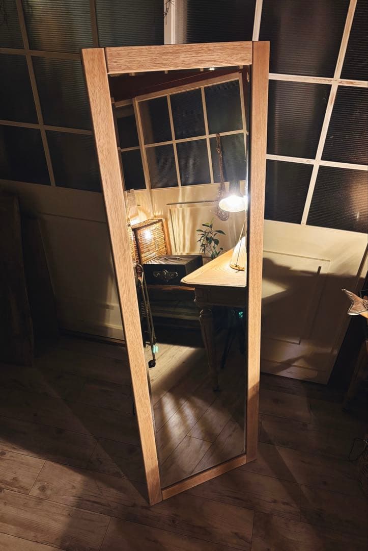 古道具　鏡　高級　チーク無垢材　アンティーク　レトロ　スタンドミラー