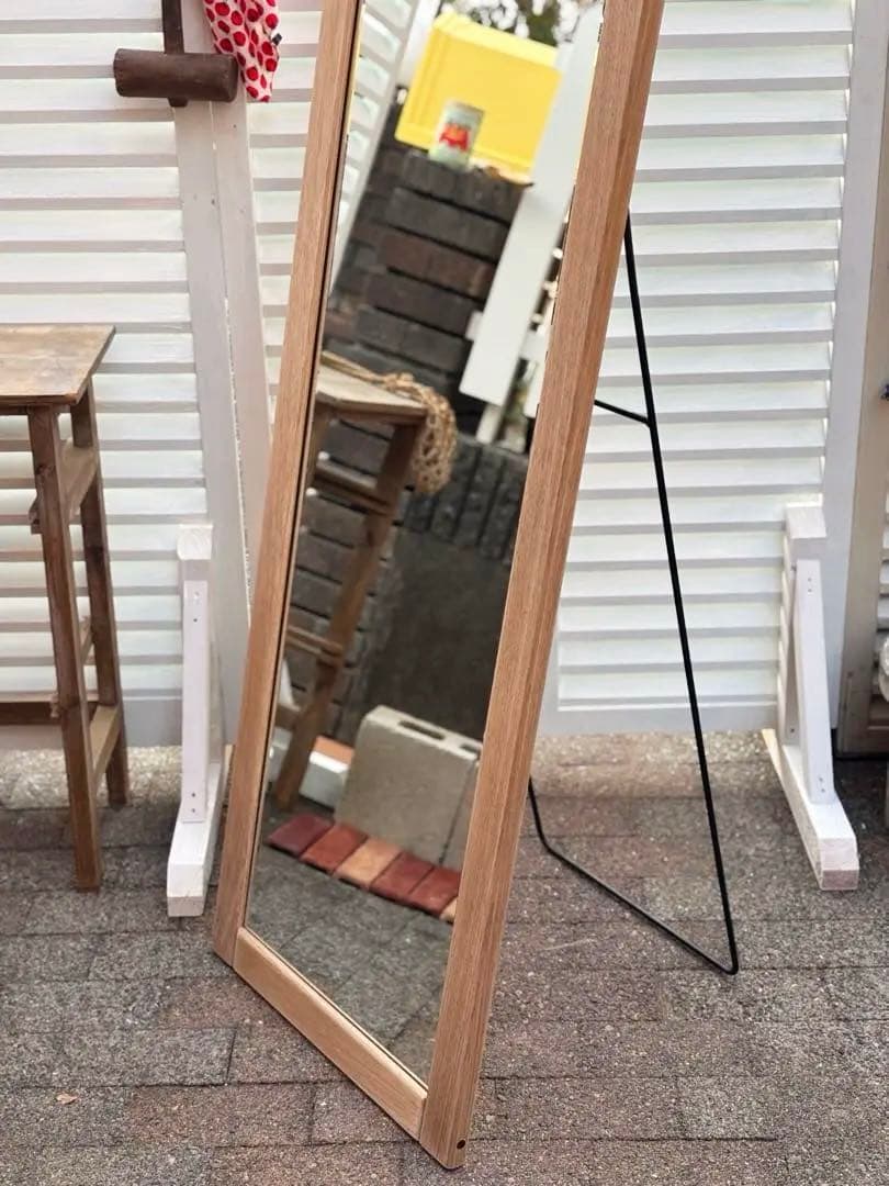 古道具　鏡　高級　チーク無垢材　アンティーク　レトロ　スタンドミラー