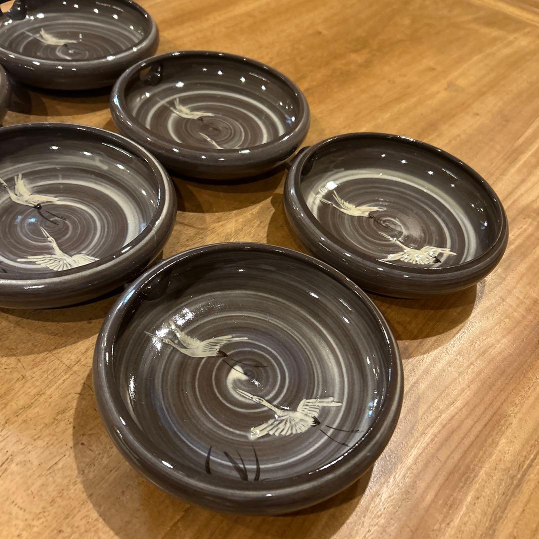 小田志焼　松保窯　久保正敏　片口平鉢　現川鷺文　鶴　六枚　希少