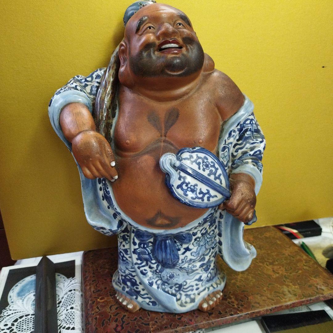 九谷焼陶器 青手 珍品 布袋様 骨董品 招福 高さ ３８ｃｍ