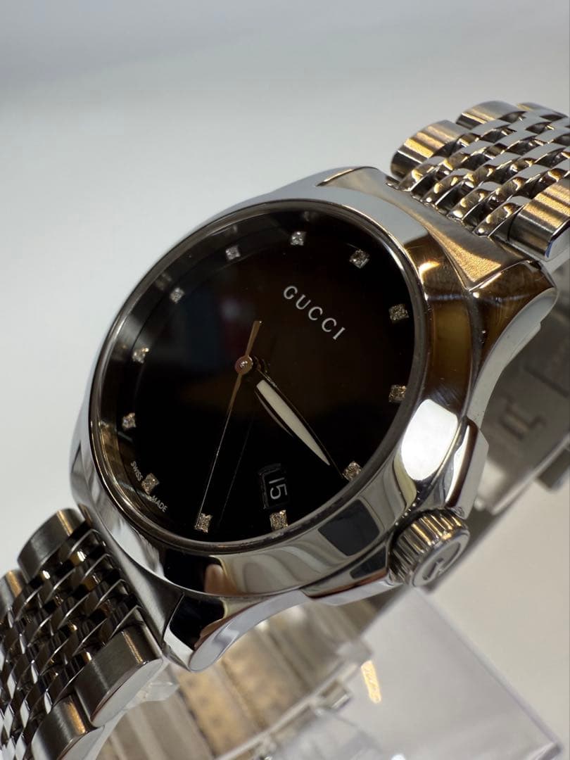 GUCCI Gタイムレス 12Pダイヤ ブラック126.5デイトQzレディース