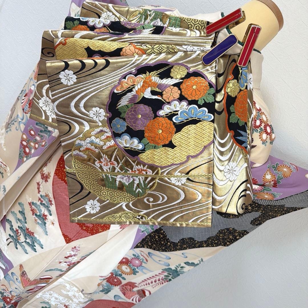 499 振袖フルセット 正絹 紫 赤 ベージュ 黒 金彩 駒刺繍 レトロ 鴛鴦