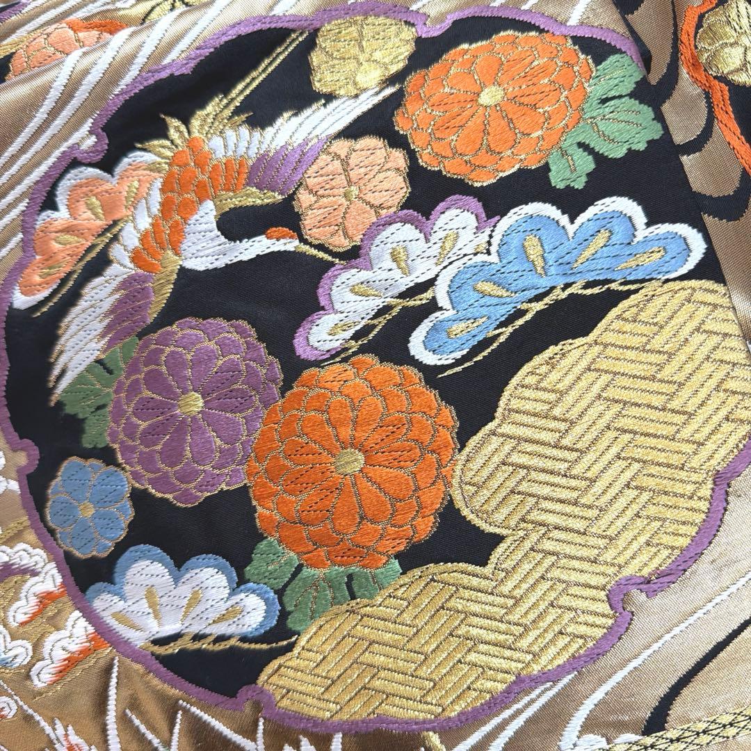 499 振袖フルセット 正絹 紫 赤 ベージュ 黒 金彩 駒刺繍 レトロ 鴛鴦