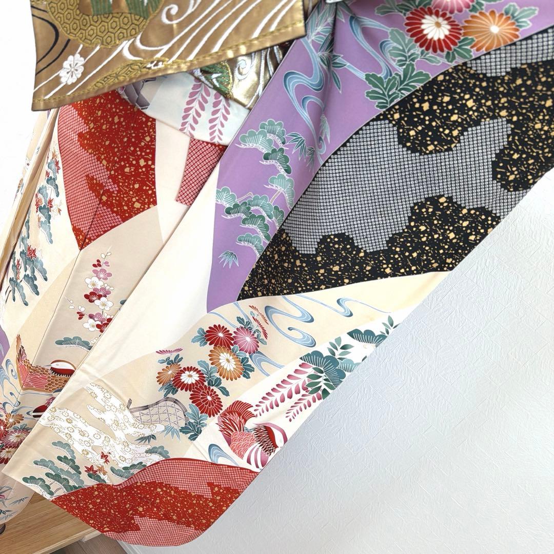 499 振袖フルセット 正絹 紫 赤 ベージュ 黒 金彩 駒刺繍 レトロ 鴛鴦