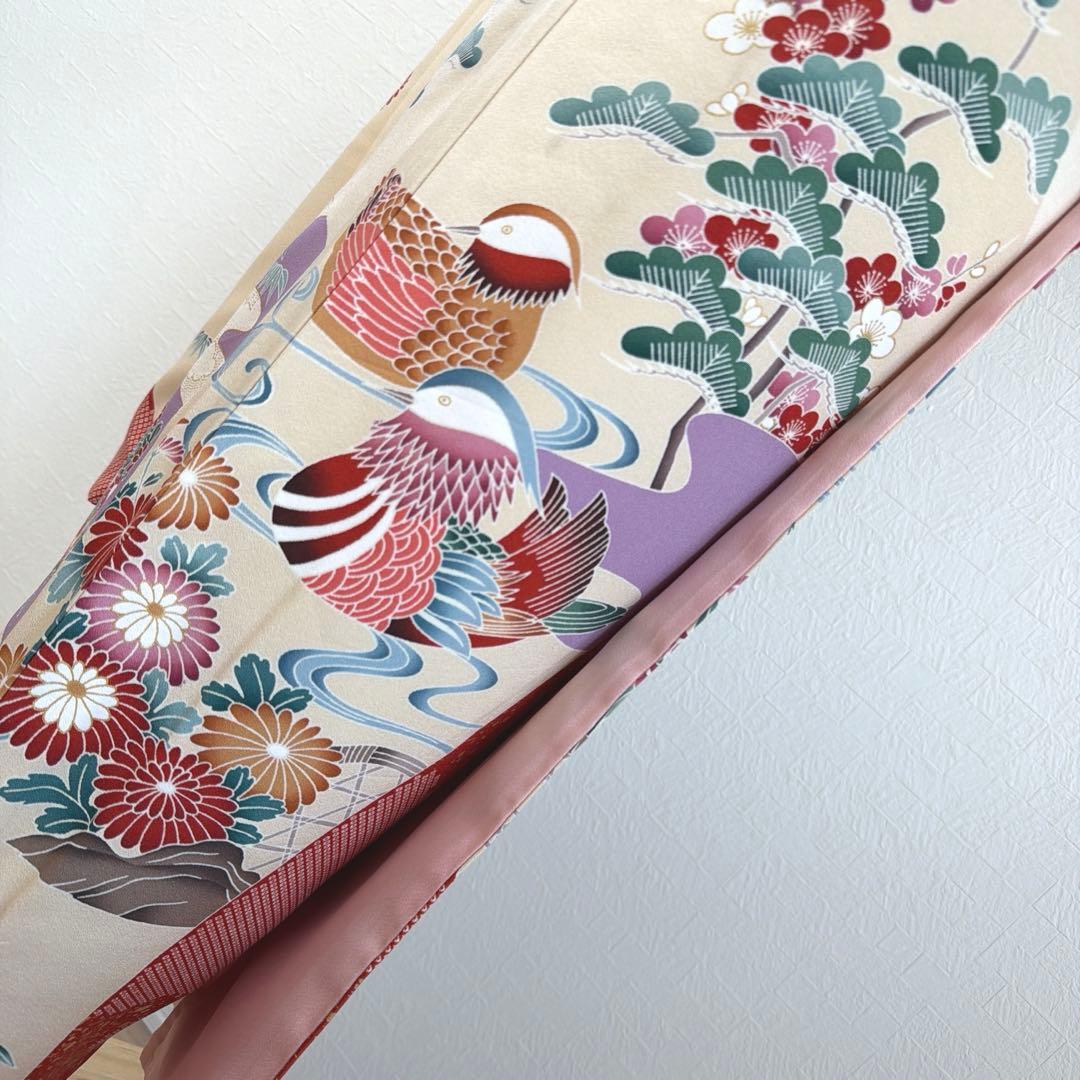 499 振袖フルセット 正絹 紫 赤 ベージュ 黒 金彩 駒刺繍 レトロ 鴛鴦