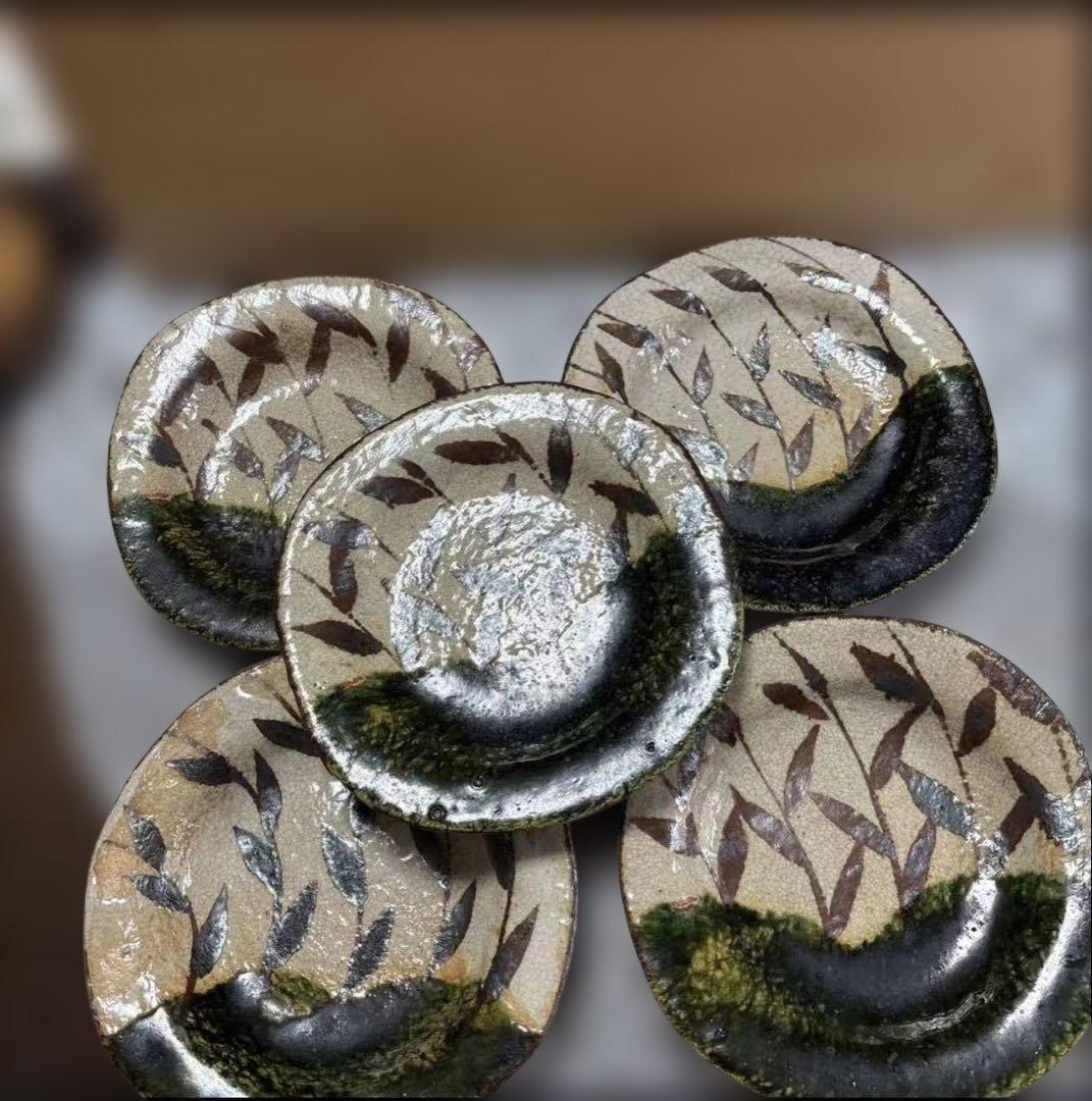 織部焼 雲仙作 自然模様の皿5枚セット