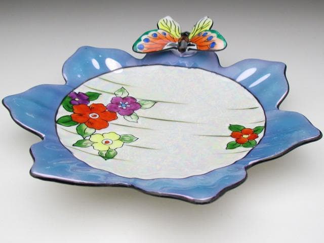 オールドノリタケ ブルー地花絵 蝶フィギュア付 ボウル