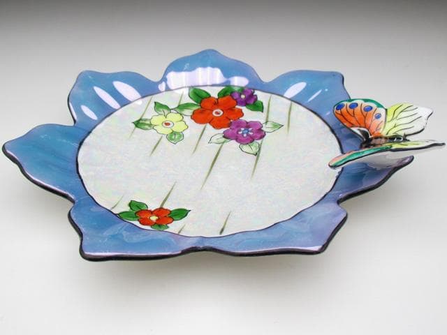 オールドノリタケ ブルー地花絵 蝶フィギュア付 ボウル