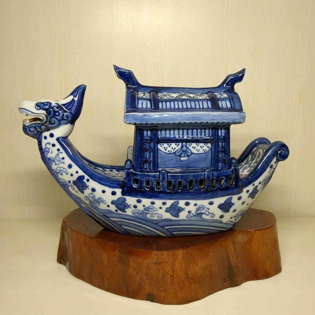 道八　高橋道八　龍船形　染付波千鳥文　香炉１個　骨董
