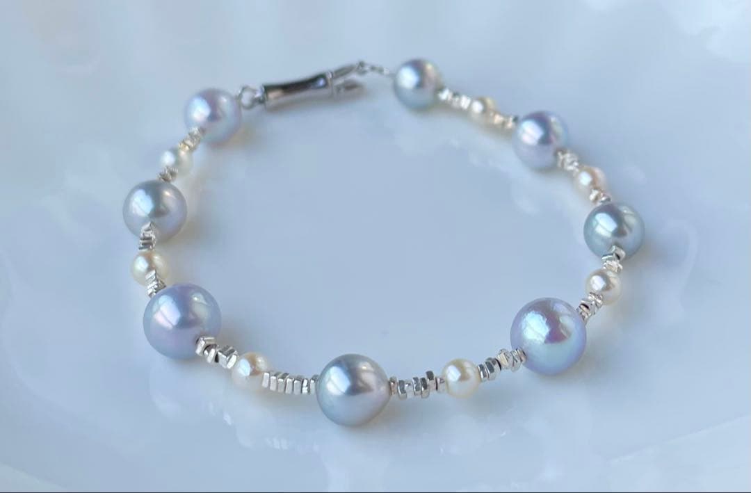 あこや真珠 ブルー クリーム s925 ブレスレット 透明感 洗練 fei