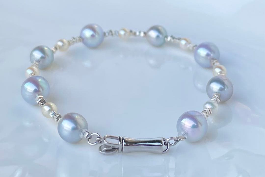 あこや真珠 ブルー クリーム s925 ブレスレット 透明感 洗練 fei