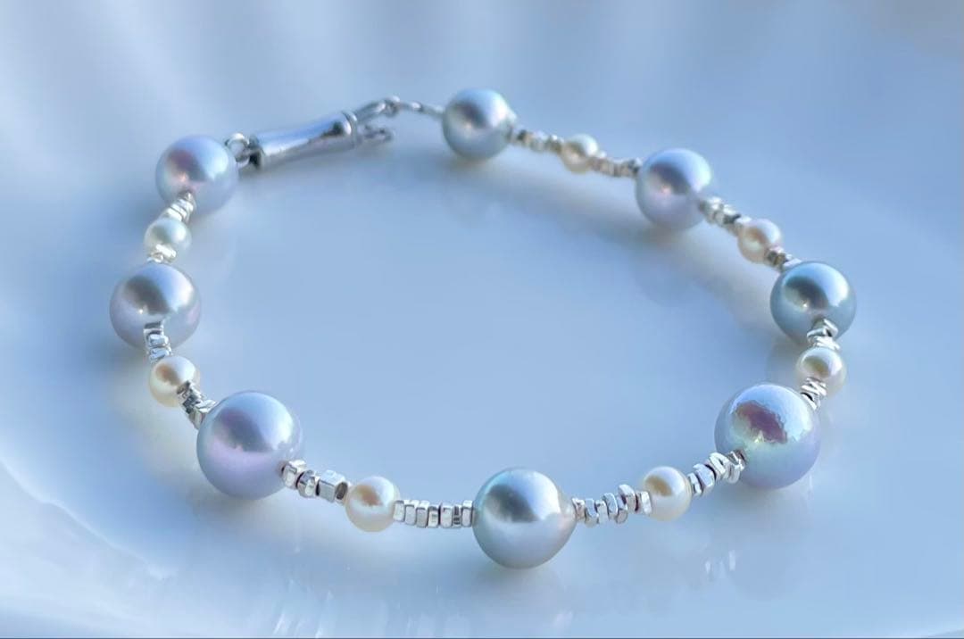 あこや真珠 ブルー クリーム s925 ブレスレット 透明感 洗練 fei