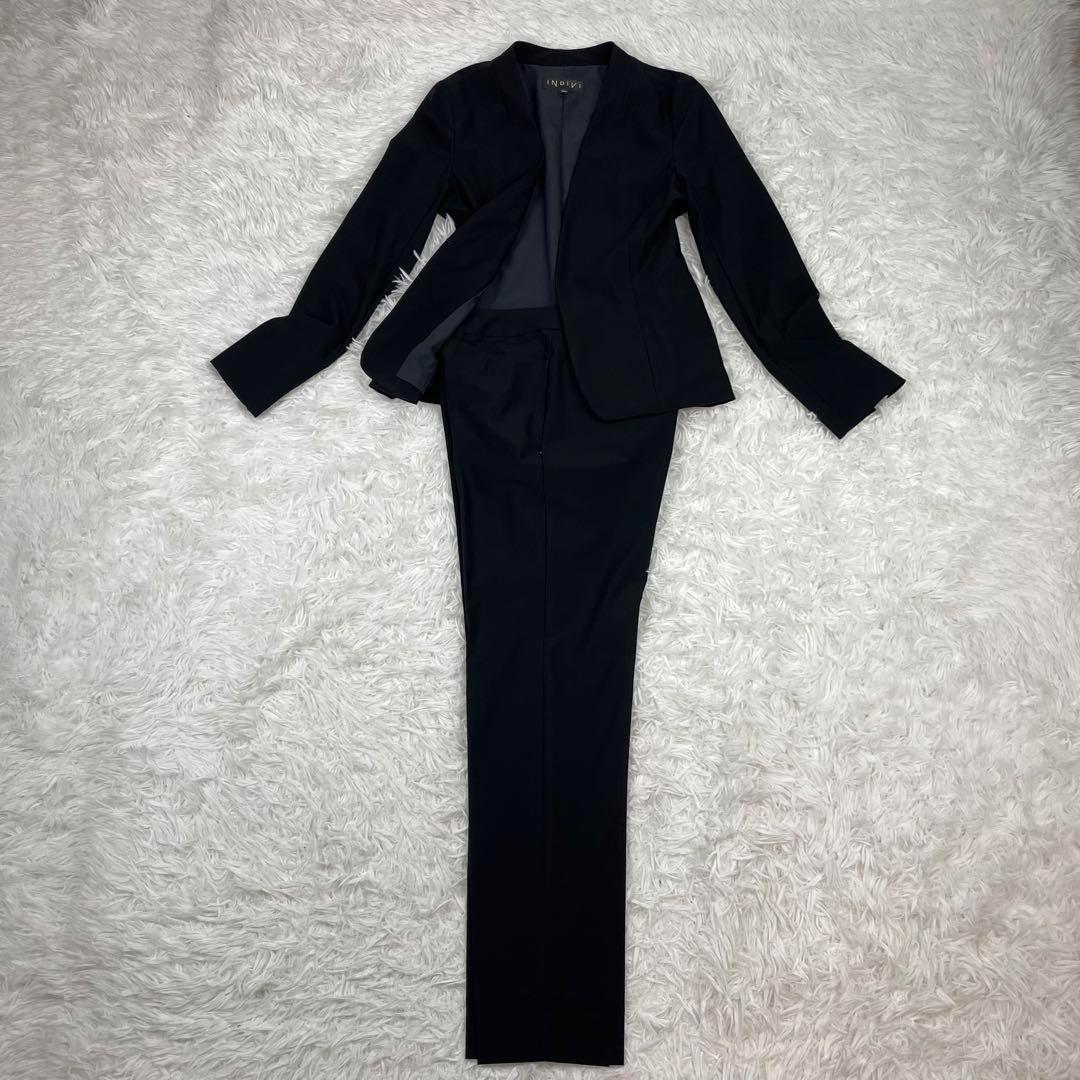 超極美品✨24SS✨インディヴィ✨ノーカラー✨パンツスースセットアップ✨36✨黒