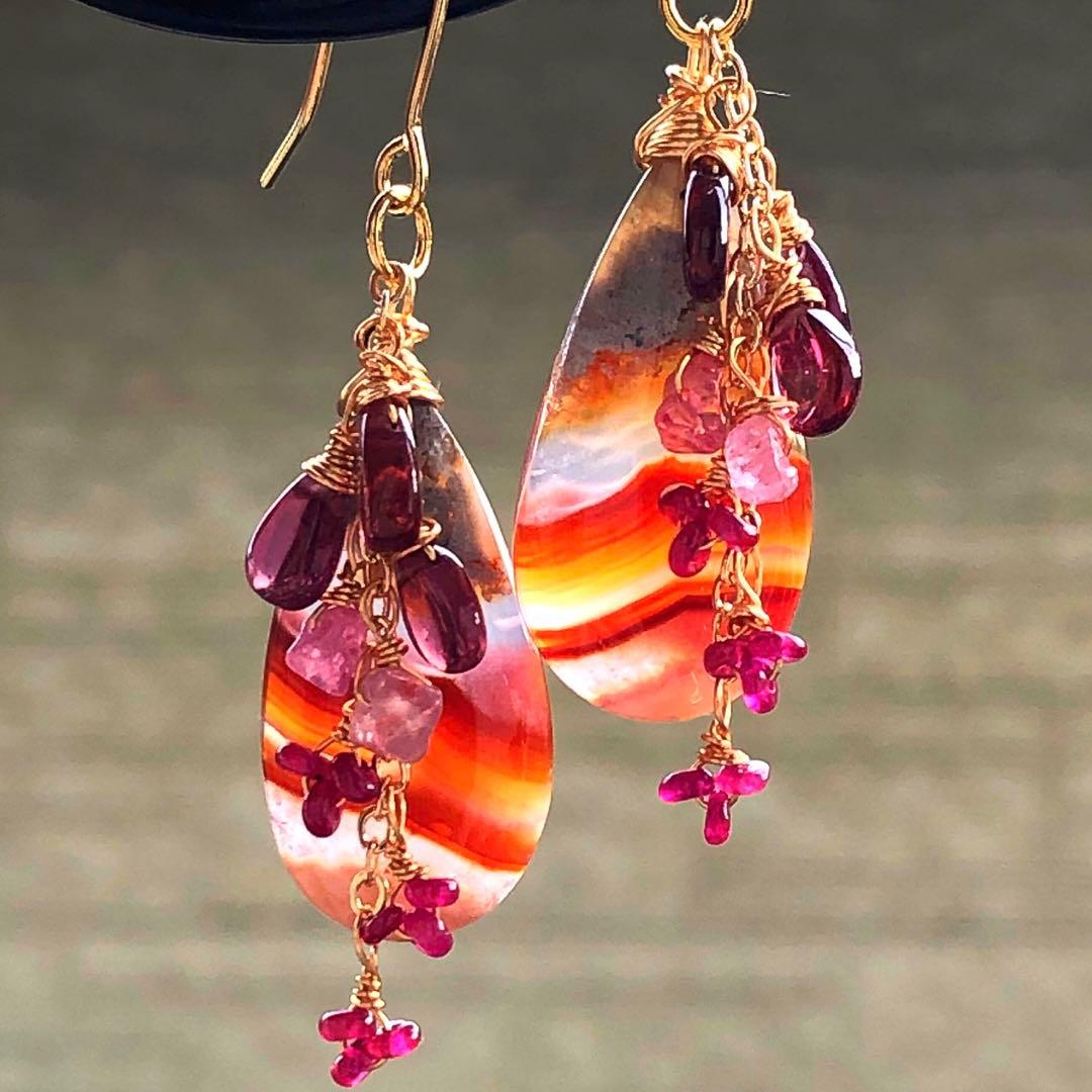 天然石☆ロンギド産ルビー×カーネリアンアゲートの真っ赤な秋のピアス14kgf