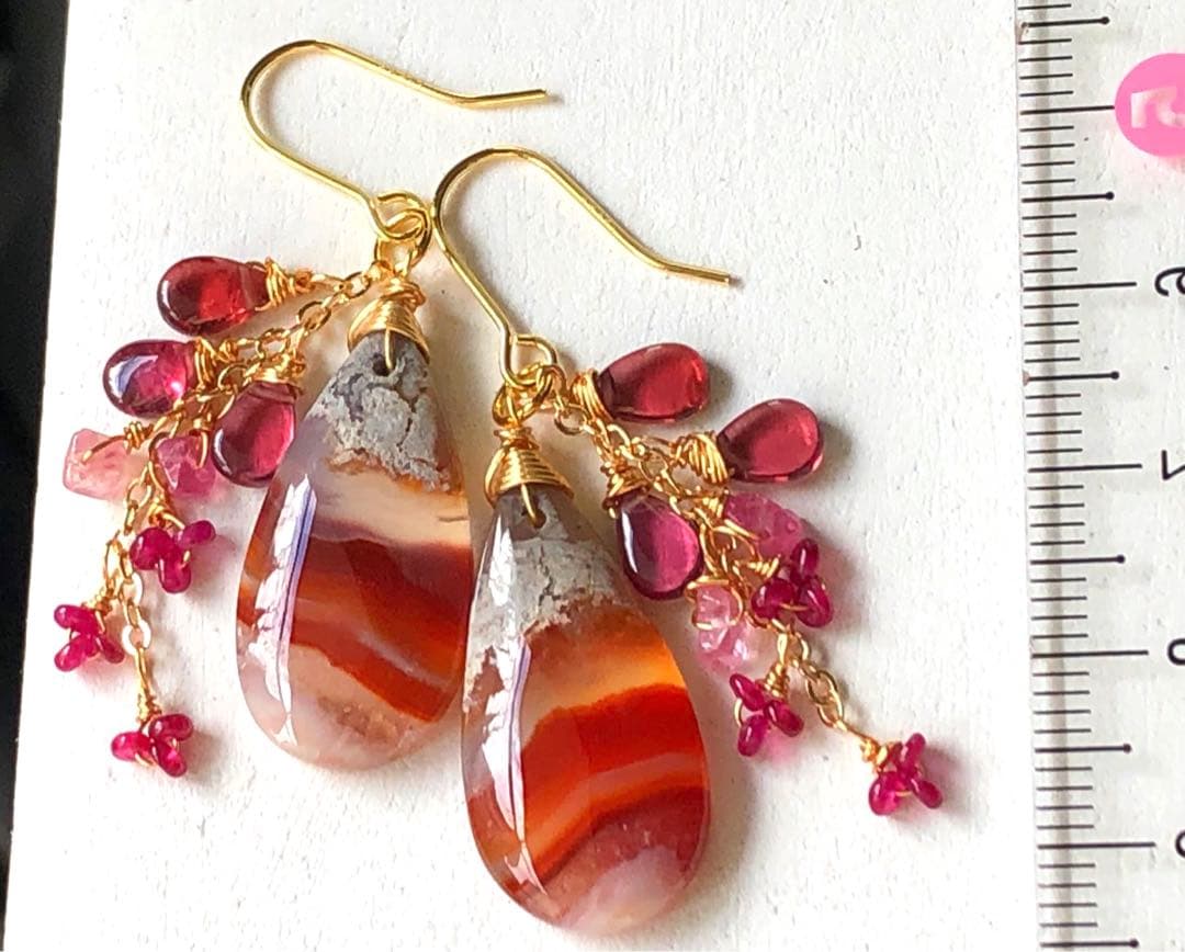 天然石☆ロンギド産ルビー×カーネリアンアゲートの真っ赤な秋のピアス14kgf