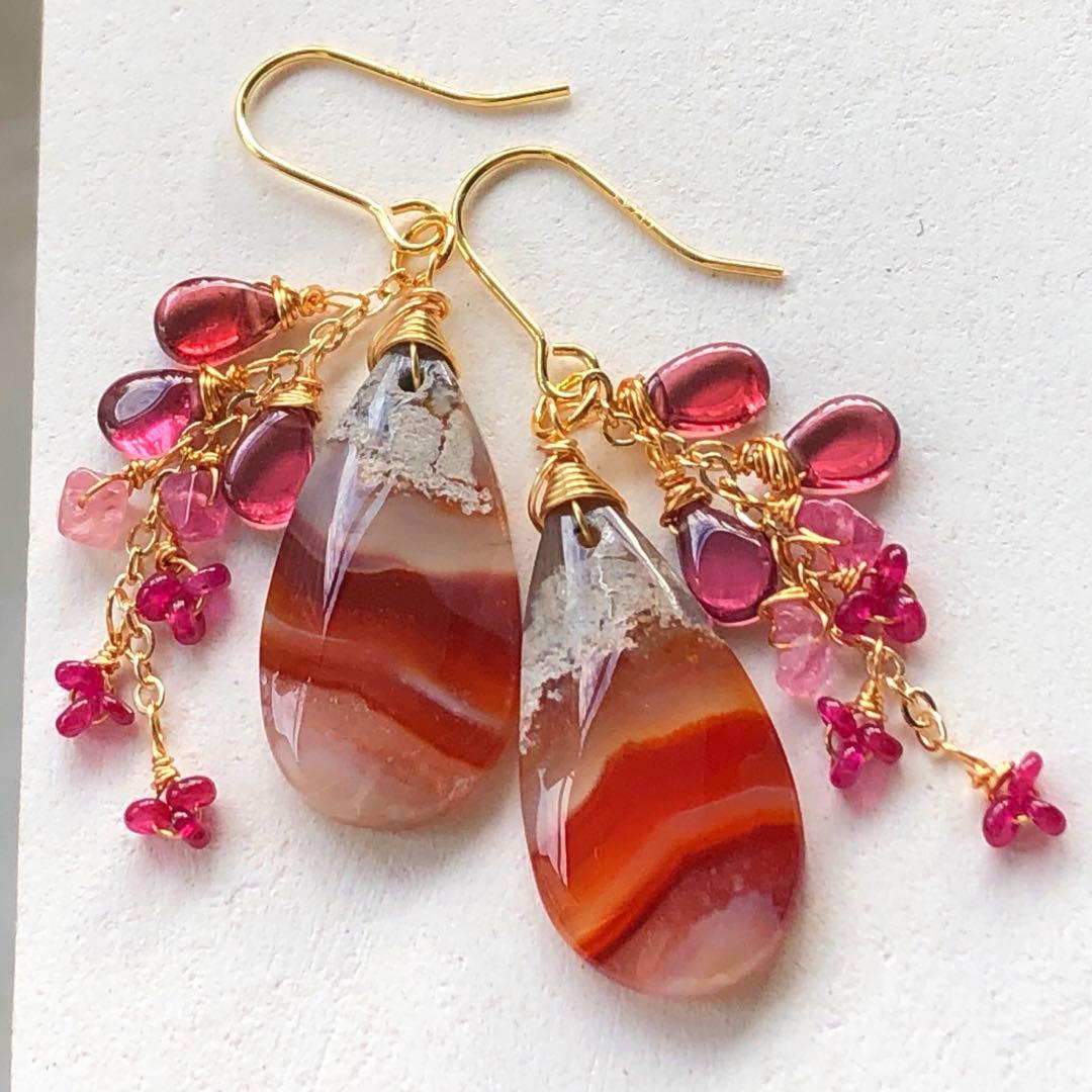 天然石☆ロンギド産ルビー×カーネリアンアゲートの真っ赤な秋のピアス14kgf