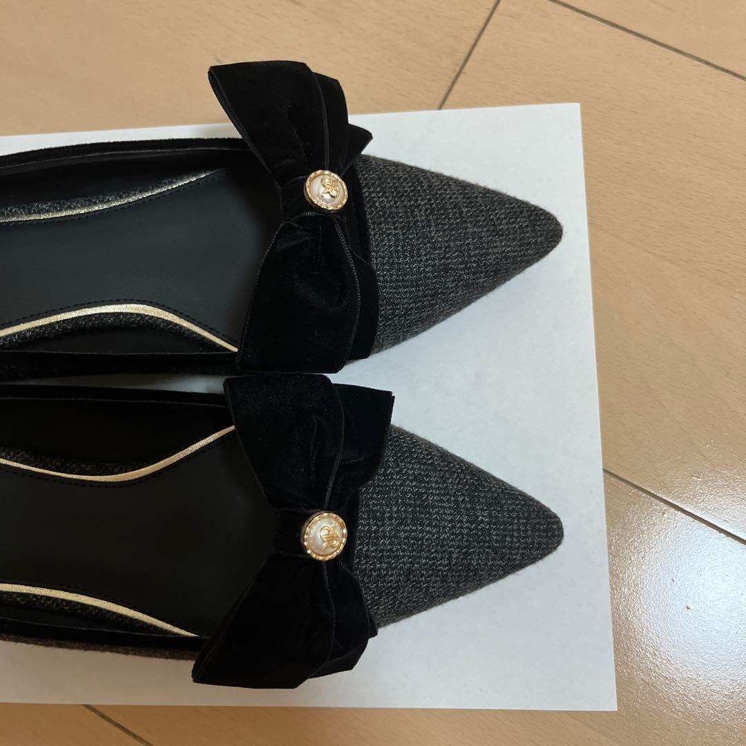 RANDA ベロアリボンクラシカルフラットパンプス ブラック