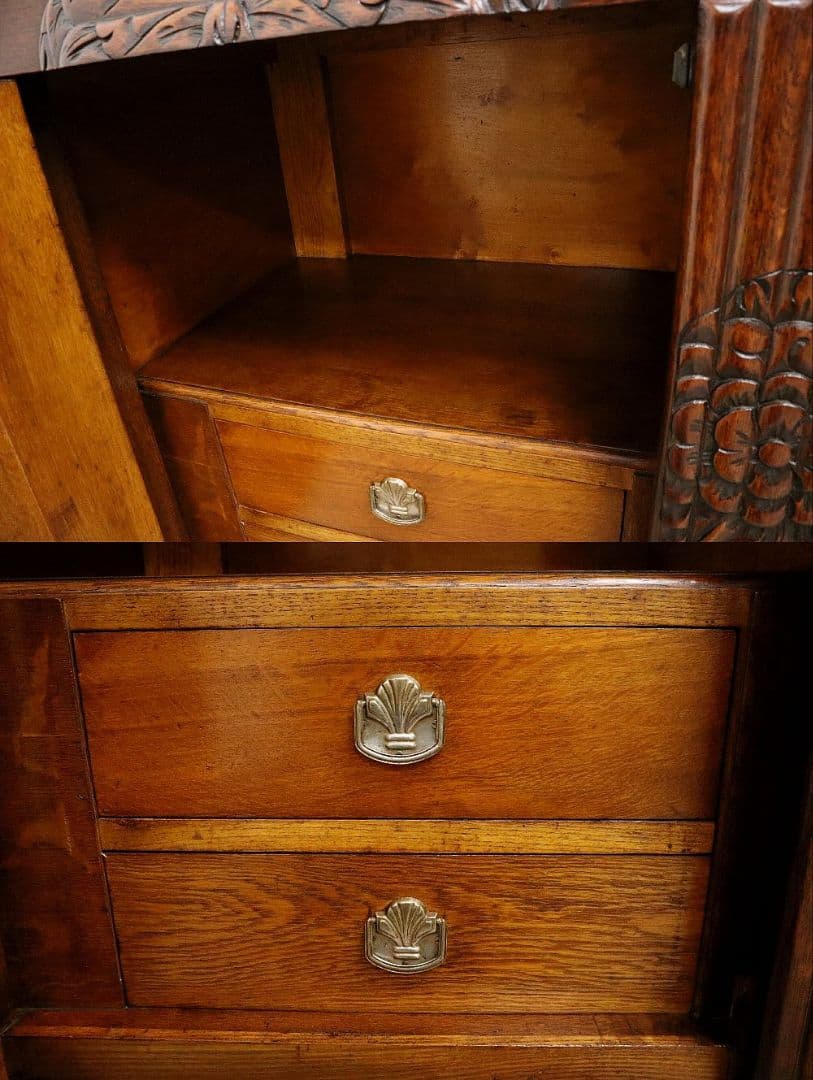 英国アンティーク・オーク材 サイドボード・木彫刻・バルボスレッグ・アールデコ