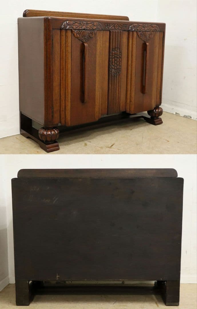 英国アンティーク・オーク材 サイドボード・木彫刻・バルボスレッグ・アールデコ