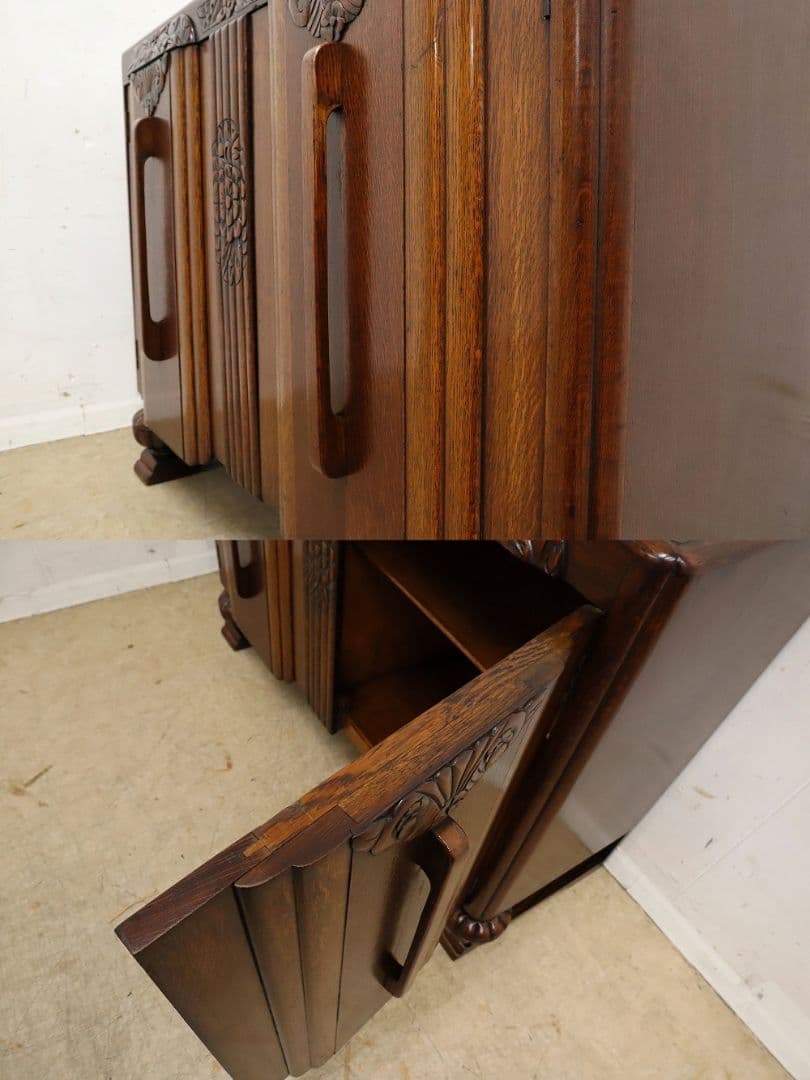 英国アンティーク・オーク材 サイドボード・木彫刻・バルボスレッグ・アールデコ