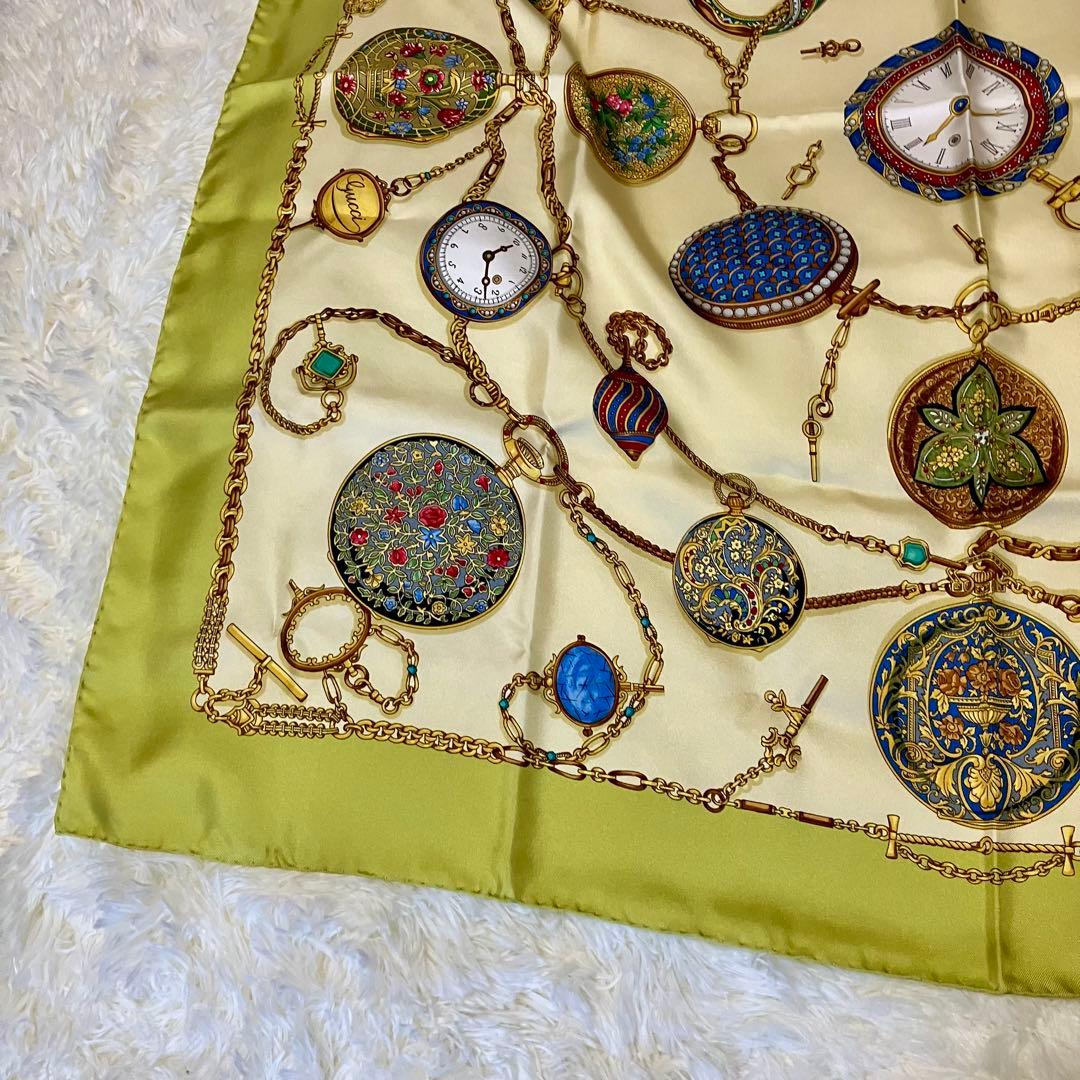 GUCCI 時計プリント シルクスカーフ 美品