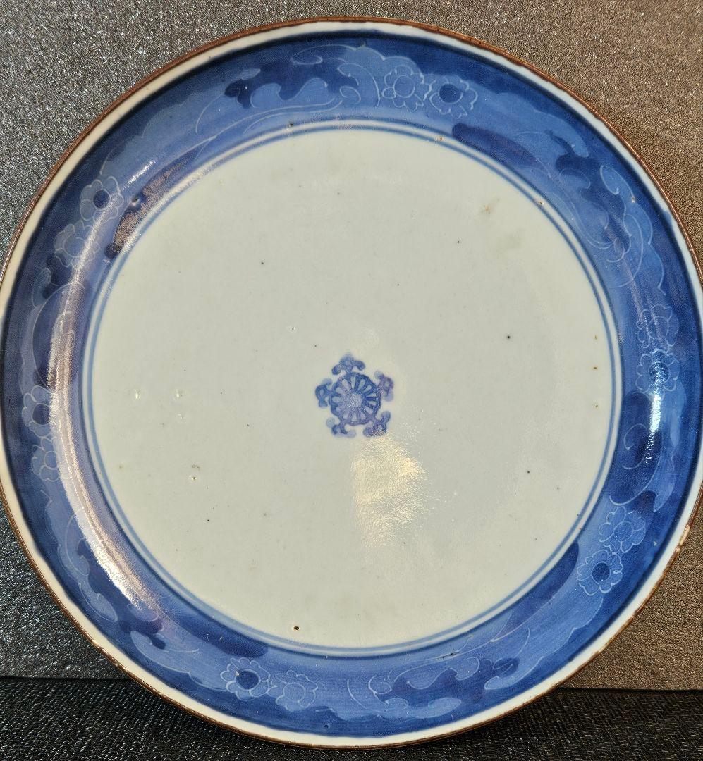 江戸時代中期～後期　古伊万里　染付　墨弾き技法　花流水文　五弁花20.0cm皿