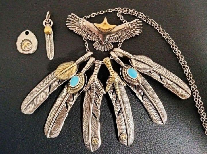 超豪華！特大金爪&ターコイズ　フェザー　ネックレス【イーグルフック&ホイール付】