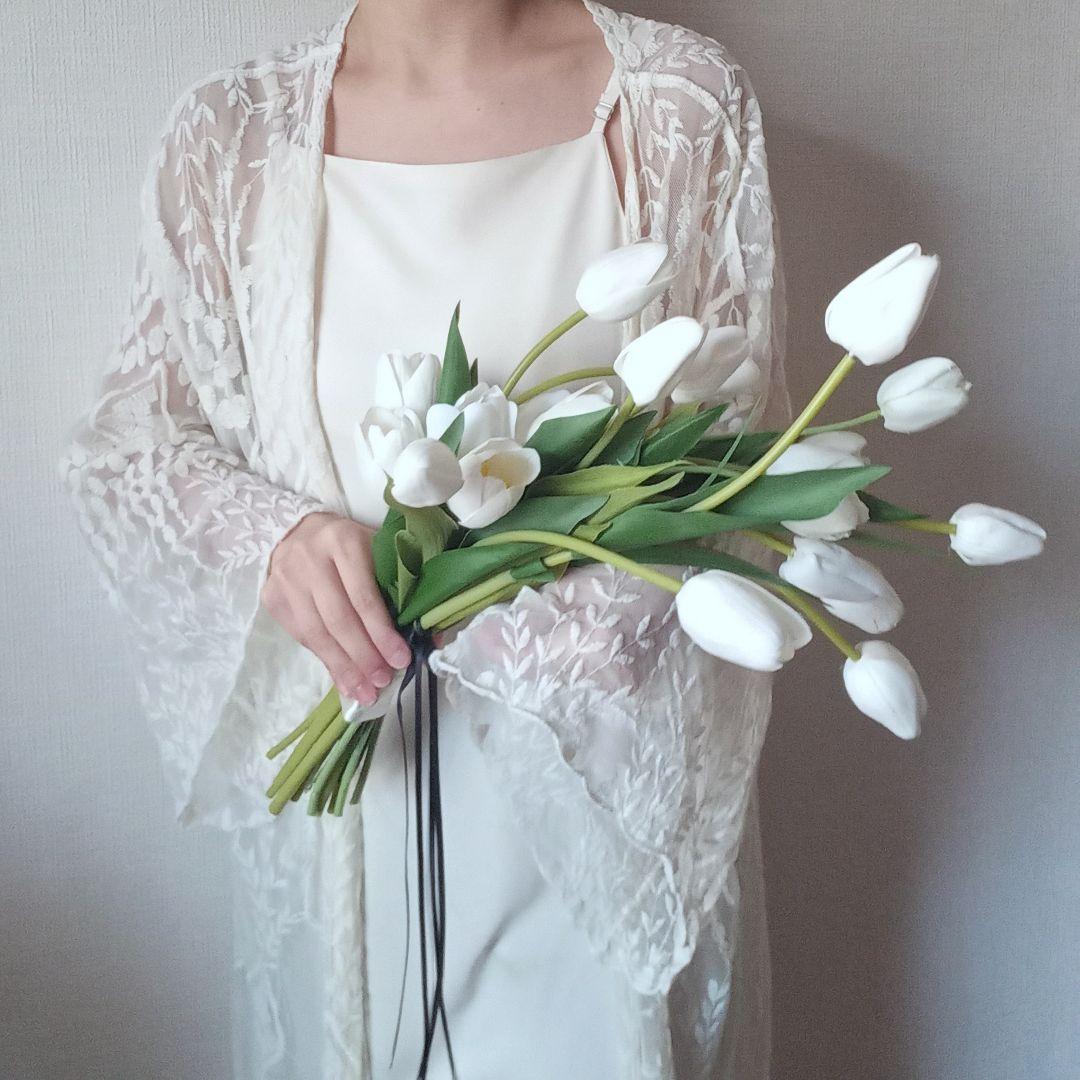 ホワイト　白　チューリップ　シャワーブーケ　ウェディングブーケ　造花