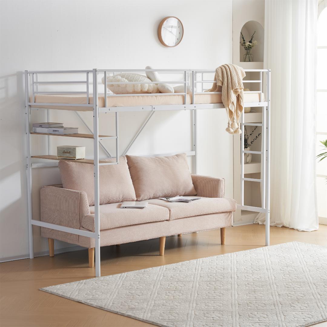 ロフトベッド パイプベッド（S）北欧風デザイン安定構造・耐震設計　WHITE