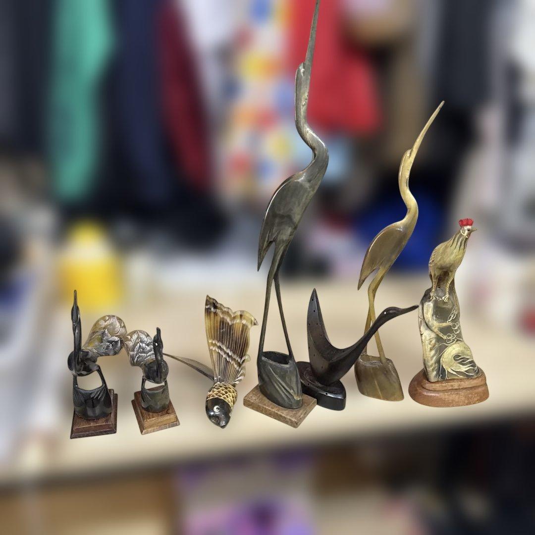 木製 鳥と魚の彫刻 置物７点セート