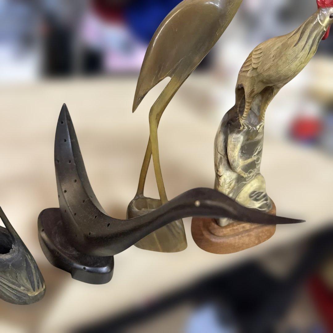 木製 鳥と魚の彫刻 置物７点セート