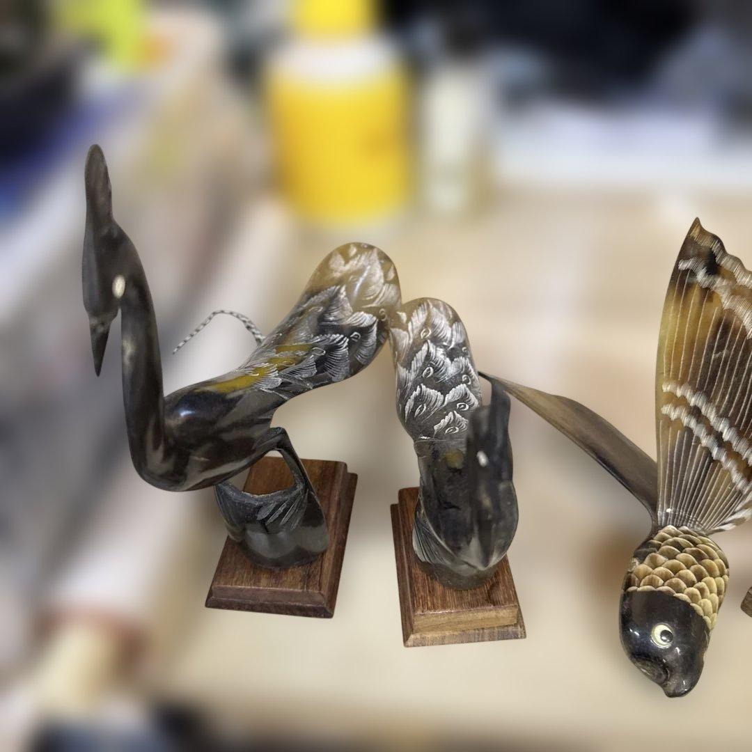 木製 鳥と魚の彫刻 置物７点セート