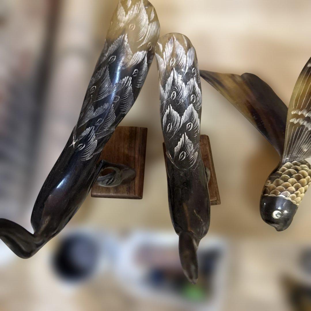 木製 鳥と魚の彫刻 置物７点セート