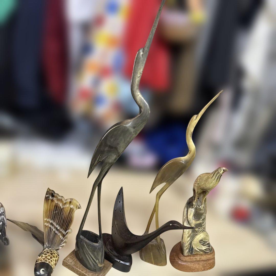 木製 鳥と魚の彫刻 置物７点セート