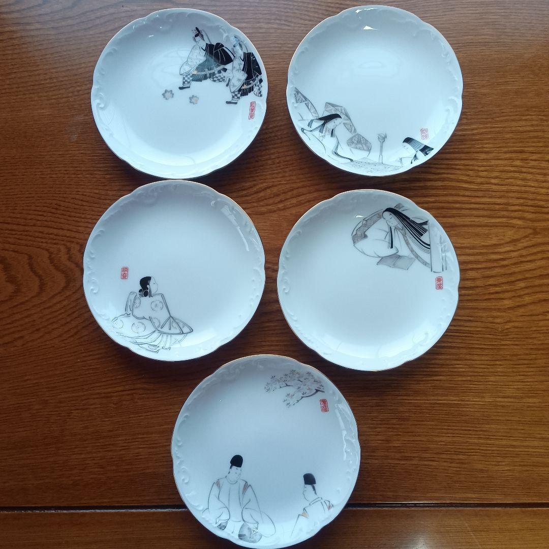 大倉陶園　源氏物語　金彩　銘々皿　桐壺／空蝉／須磨／紅葉賀／東屋　計皿5枚