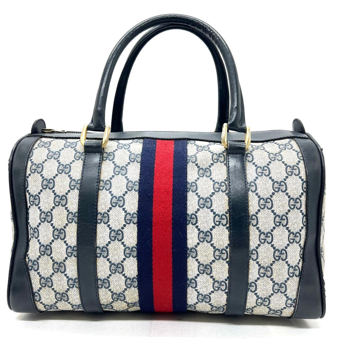 【美品】グッチ ミニボストンバッグ GG シェリーライン PVC ネイビー