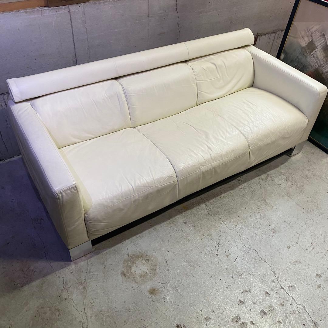 イタリア製　本革　ホワイトレザー 3人掛けソファ　モダン　ミッドセンチュリー
