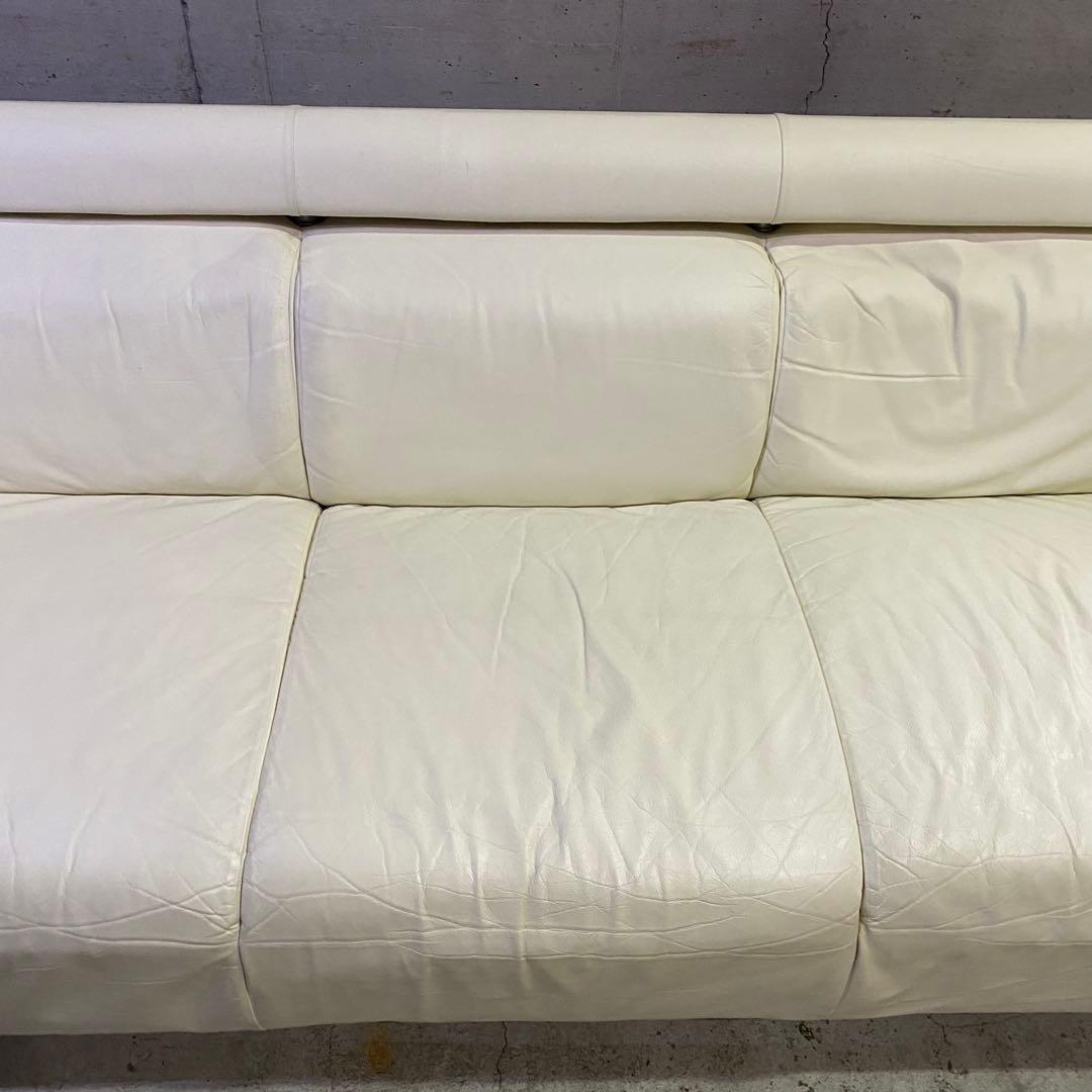 イタリア製　本革　ホワイトレザー 3人掛けソファ　モダン　ミッドセンチュリー