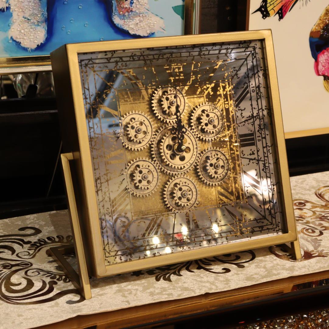 置き時計 クロック ゴールド ギアクロック ヴィンテージ スクエア