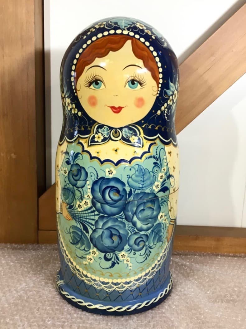 [美品] 希少 手描き青花柄 木製マトリョーシカ 表情違い30体揃い