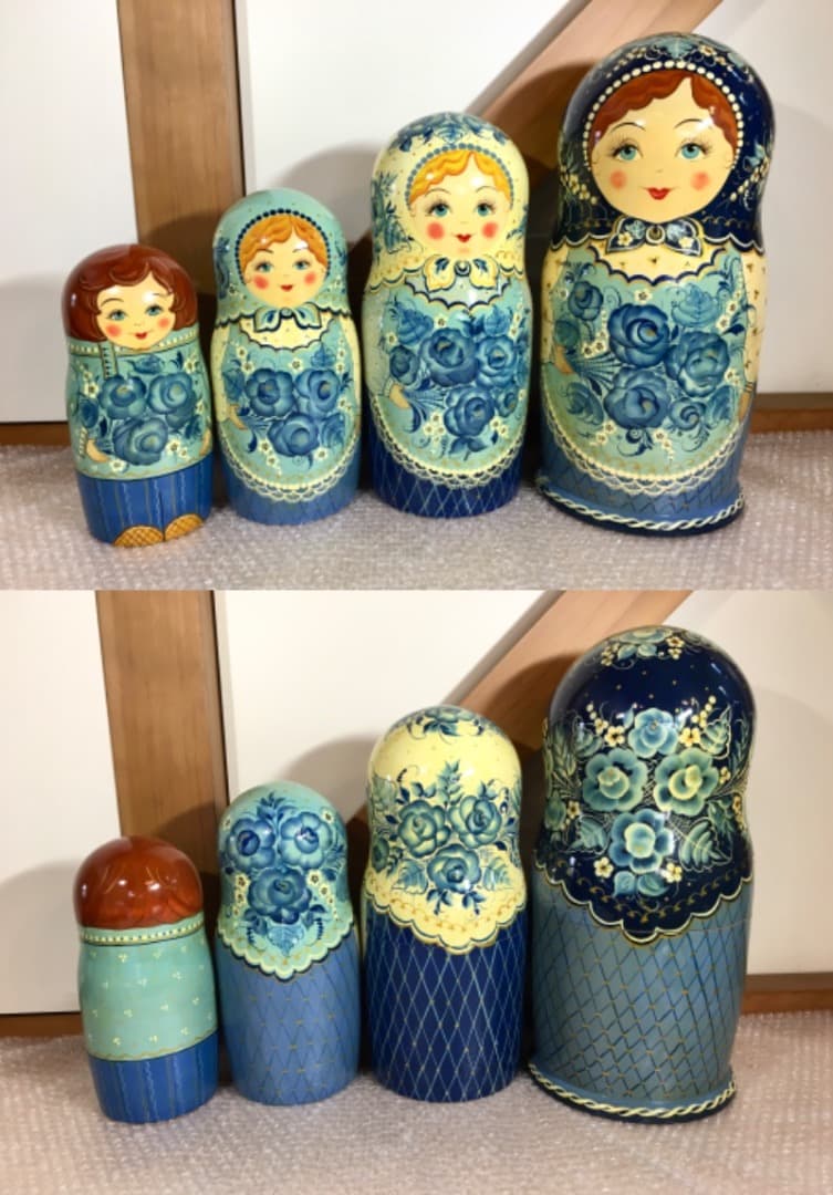 [美品] 希少 手描き青花柄 木製マトリョーシカ 表情違い30体揃い