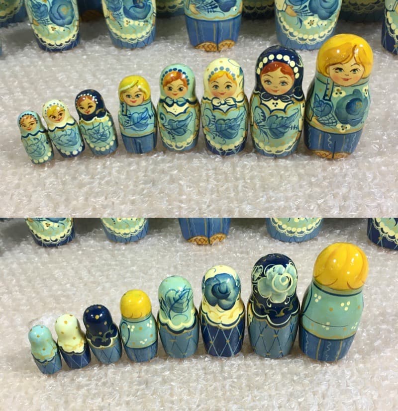 [美品] 希少 手描き青花柄 木製マトリョーシカ 表情違い30体揃い