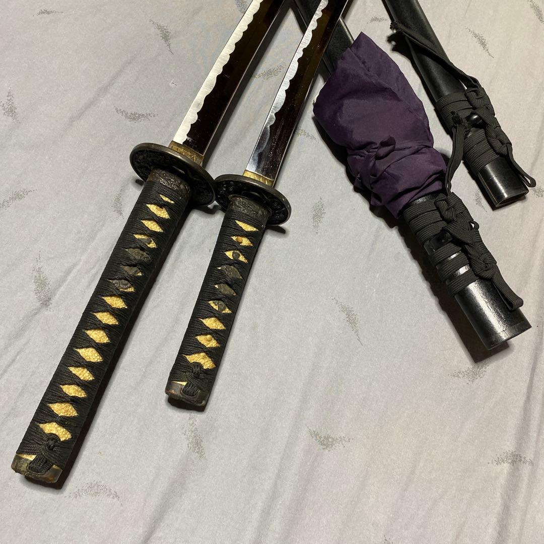 模造刀大(刀袋付)小2本 黒柄 雲龍楕円鍔 黒梨地鞘