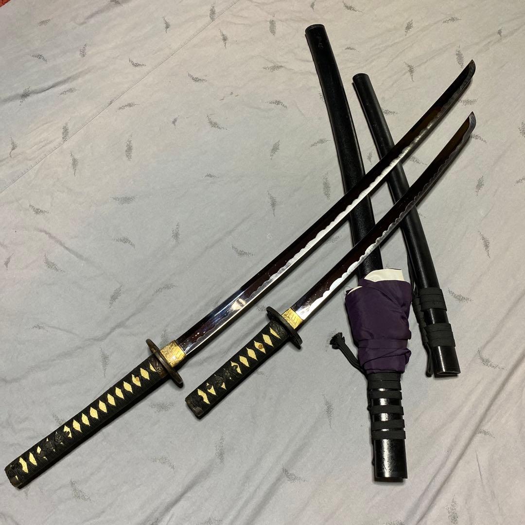 模造刀大(刀袋付)小2本 黒柄 雲龍楕円鍔 黒梨地鞘