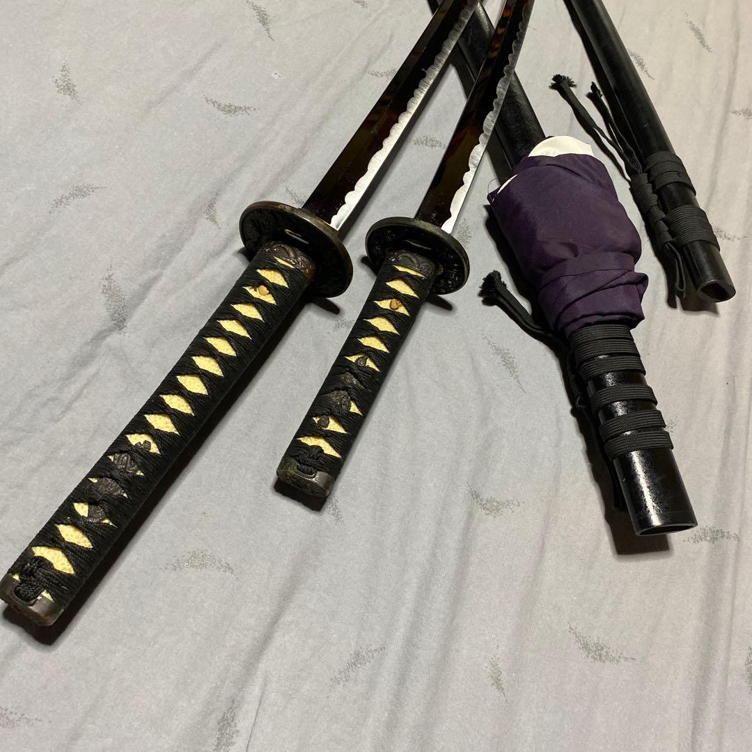 模造刀大(刀袋付)小2本 黒柄 雲龍楕円鍔 黒梨地鞘