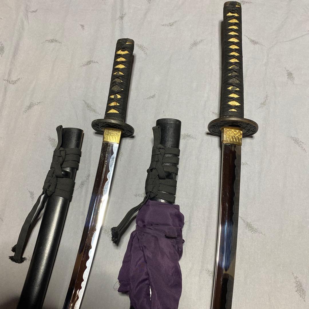 模造刀大(刀袋付)小2本 黒柄 雲龍楕円鍔 黒梨地鞘